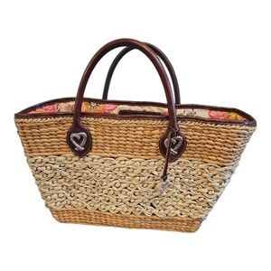 Vintage Brighton Woven Straw Beige & Brown Leather Shoulder Tote Bag